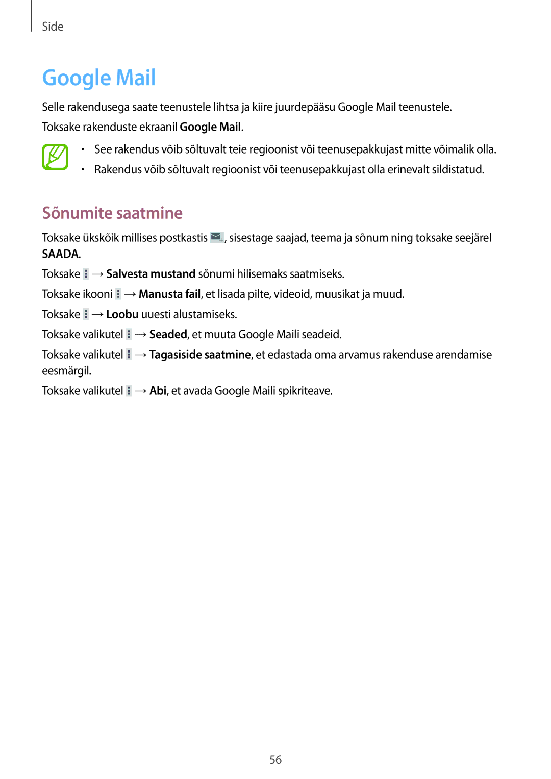 Samsung SM-T365NNGASEB manual Google Mail, Saada 