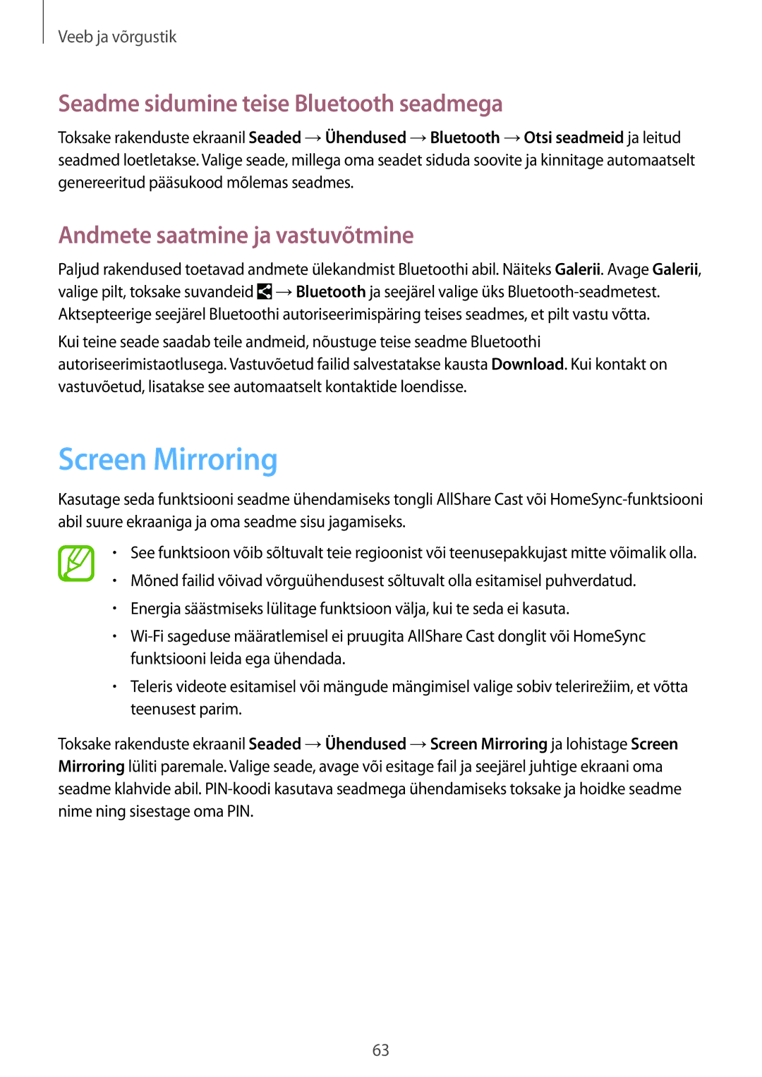 Samsung SM-T365NNGASEB manual Screen Mirroring, Seadme sidumine teise Bluetooth seadmega, Andmete saatmine ja vastuvõtmine 