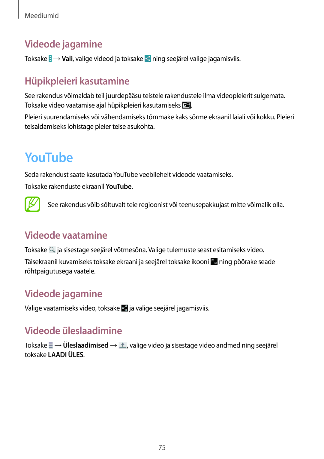 Samsung SM-T365NNGASEB manual YouTube, Videode jagamine, Hüpikpleieri kasutamine, Videode vaatamine, Videode üleslaadimine 