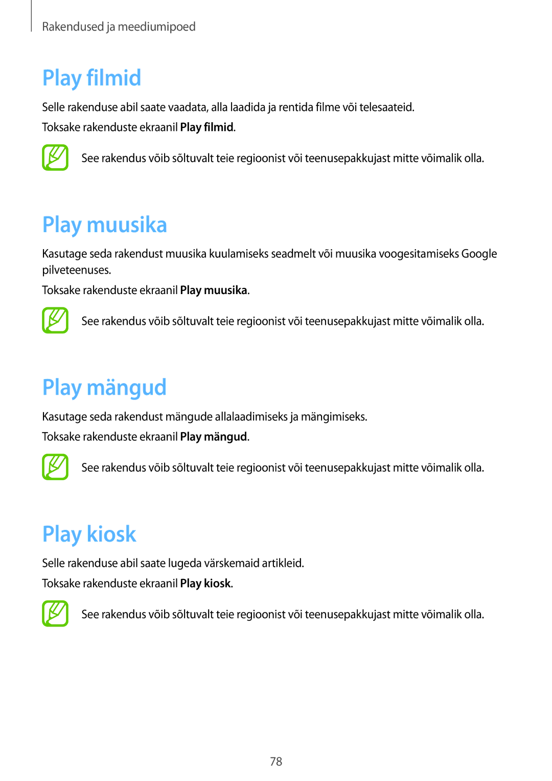 Samsung SM-T365NNGASEB manual Play filmid, Play muusika, Play mängud, Play kiosk 