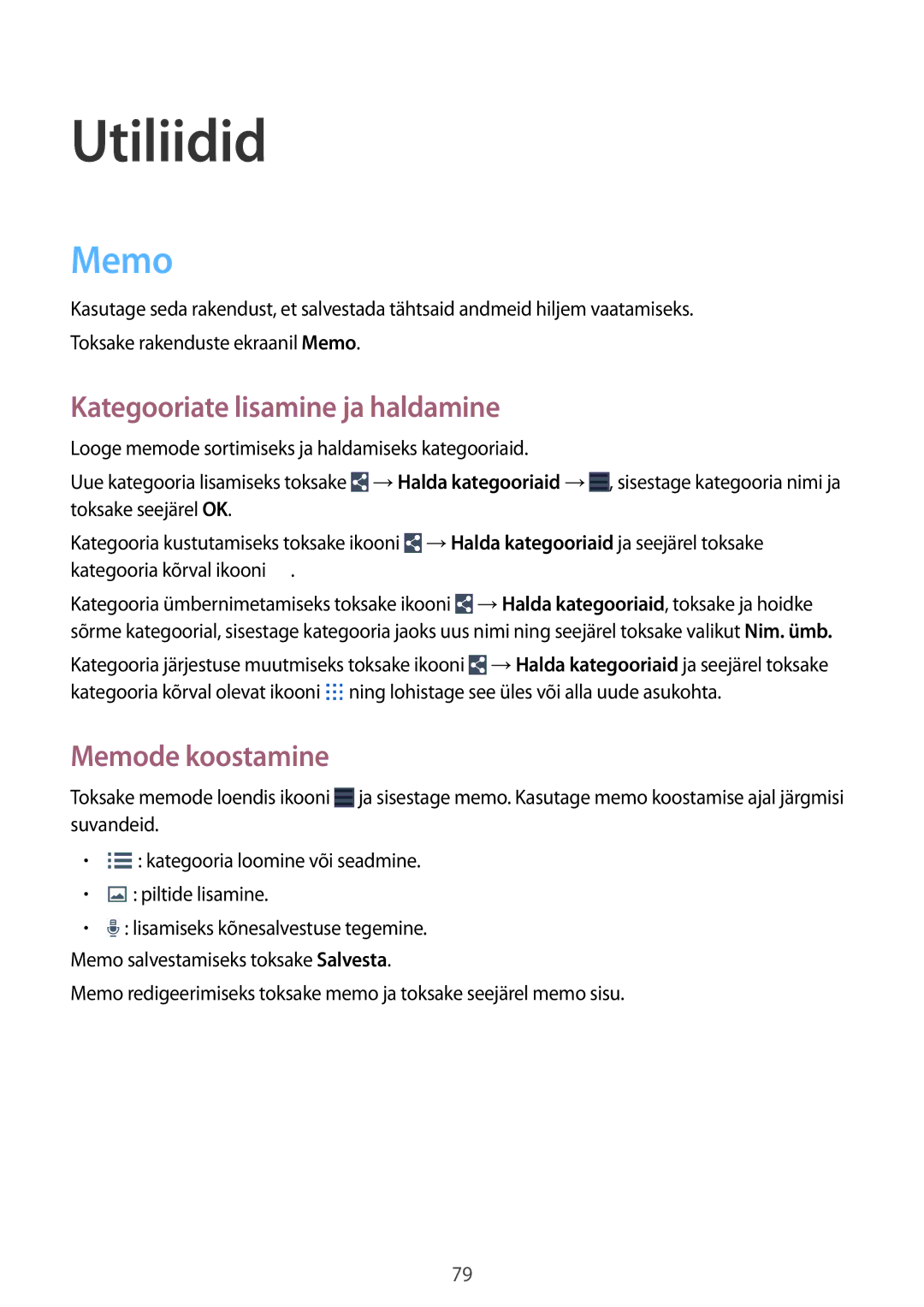 Samsung SM-T365NNGASEB manual Utiliidid, Kategooriate lisamine ja haldamine, Memode koostamine 