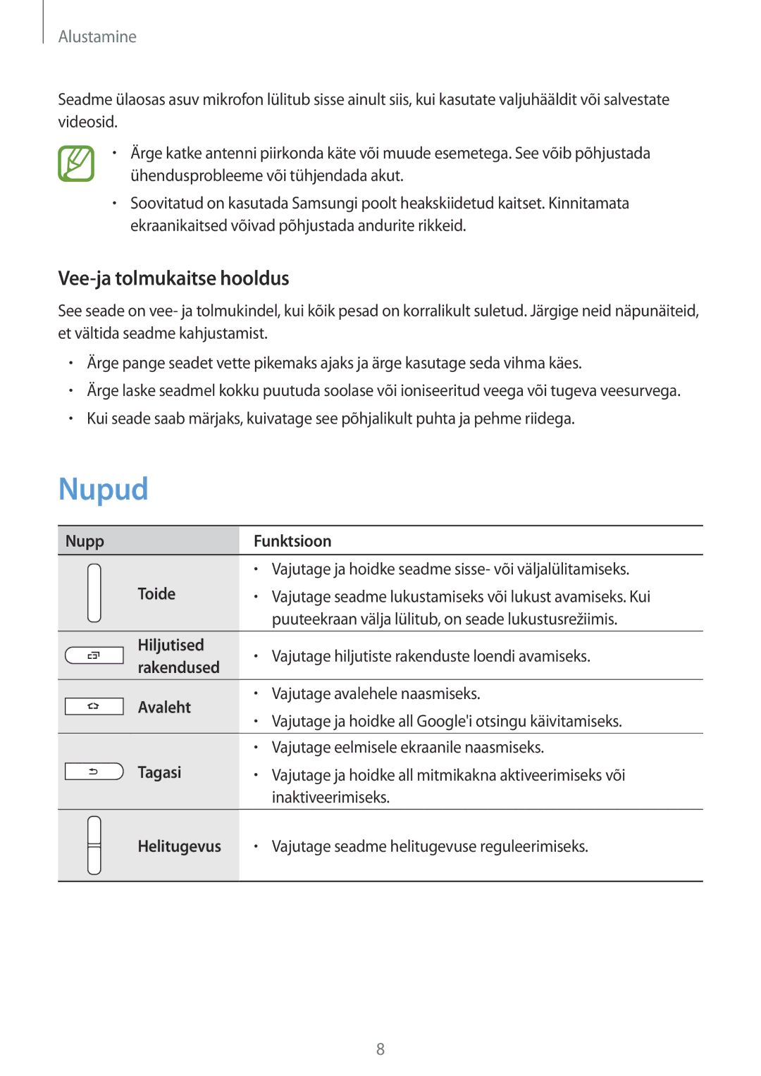 Samsung SM-T365NNGASEB manual Nupud, Vee-ja tolmukaitse hooldus 