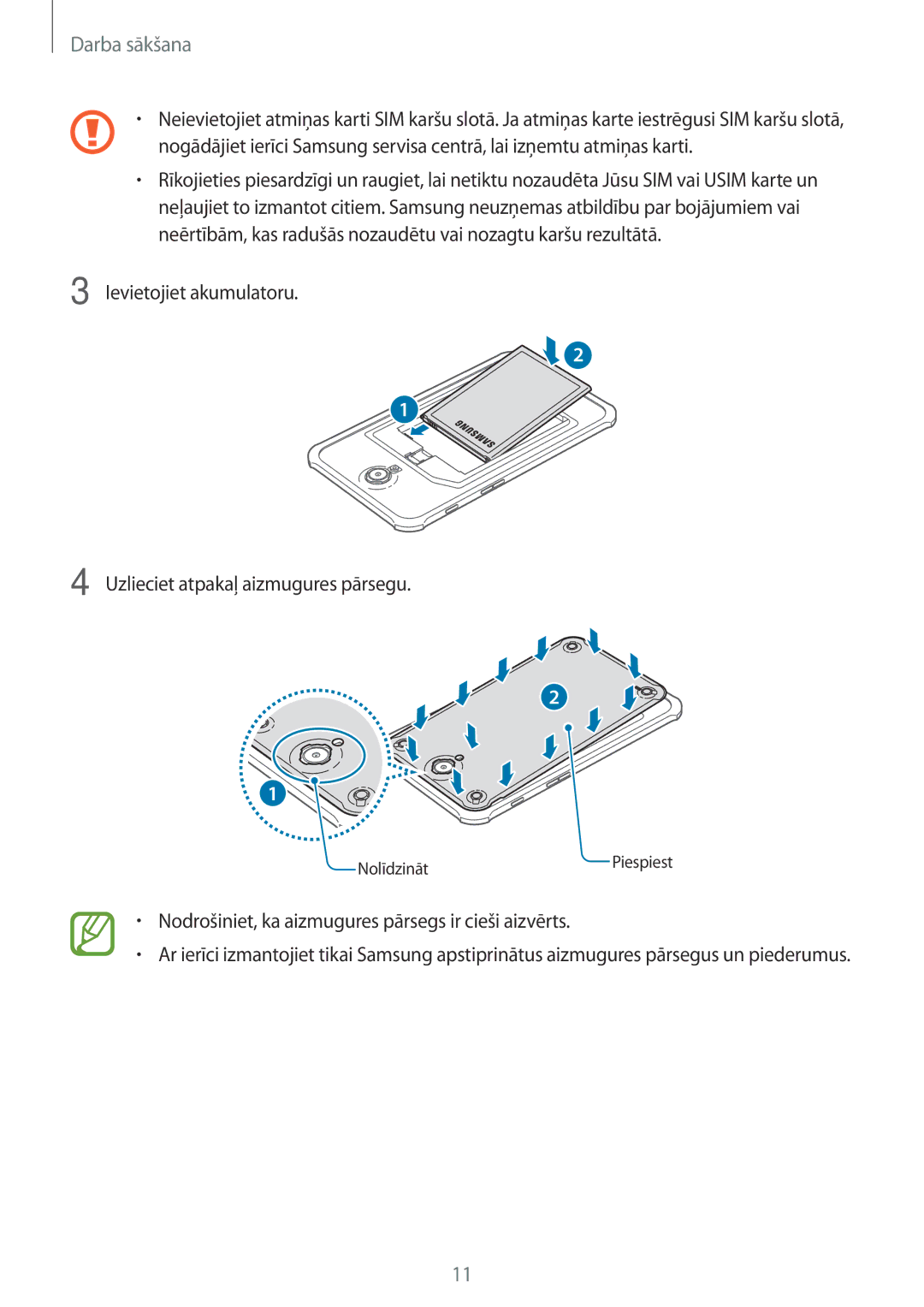 Samsung SM-T365NNGASEB manual Ievietojiet akumulatoru Uzlieciet atpakaļ aizmugures pārsegu 