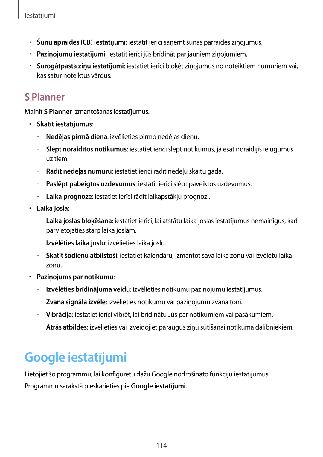 Samsung SM-T365NNGASEB manual Google iestatījumi, Planner, Skatīt iestatījumus, Laika josla, Paziņojums par notikumu 