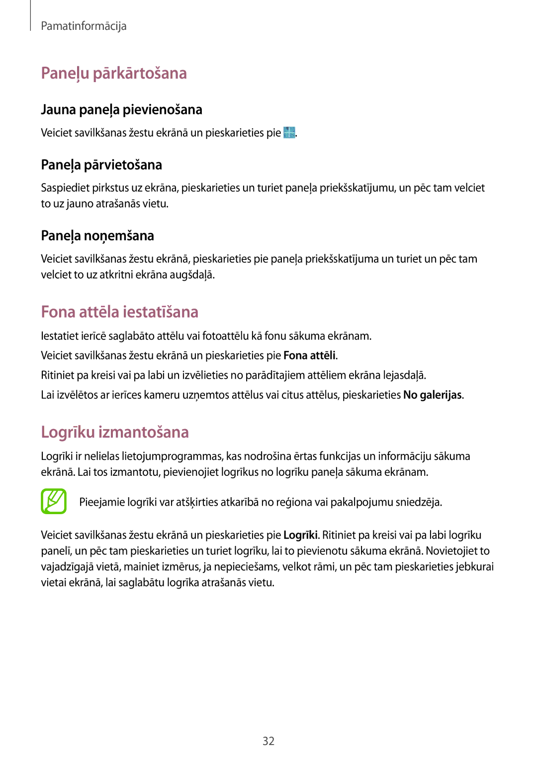 Samsung SM-T365NNGASEB manual Paneļu pārkārtošana, Fona attēla iestatīšana, Logrīku izmantošana 
