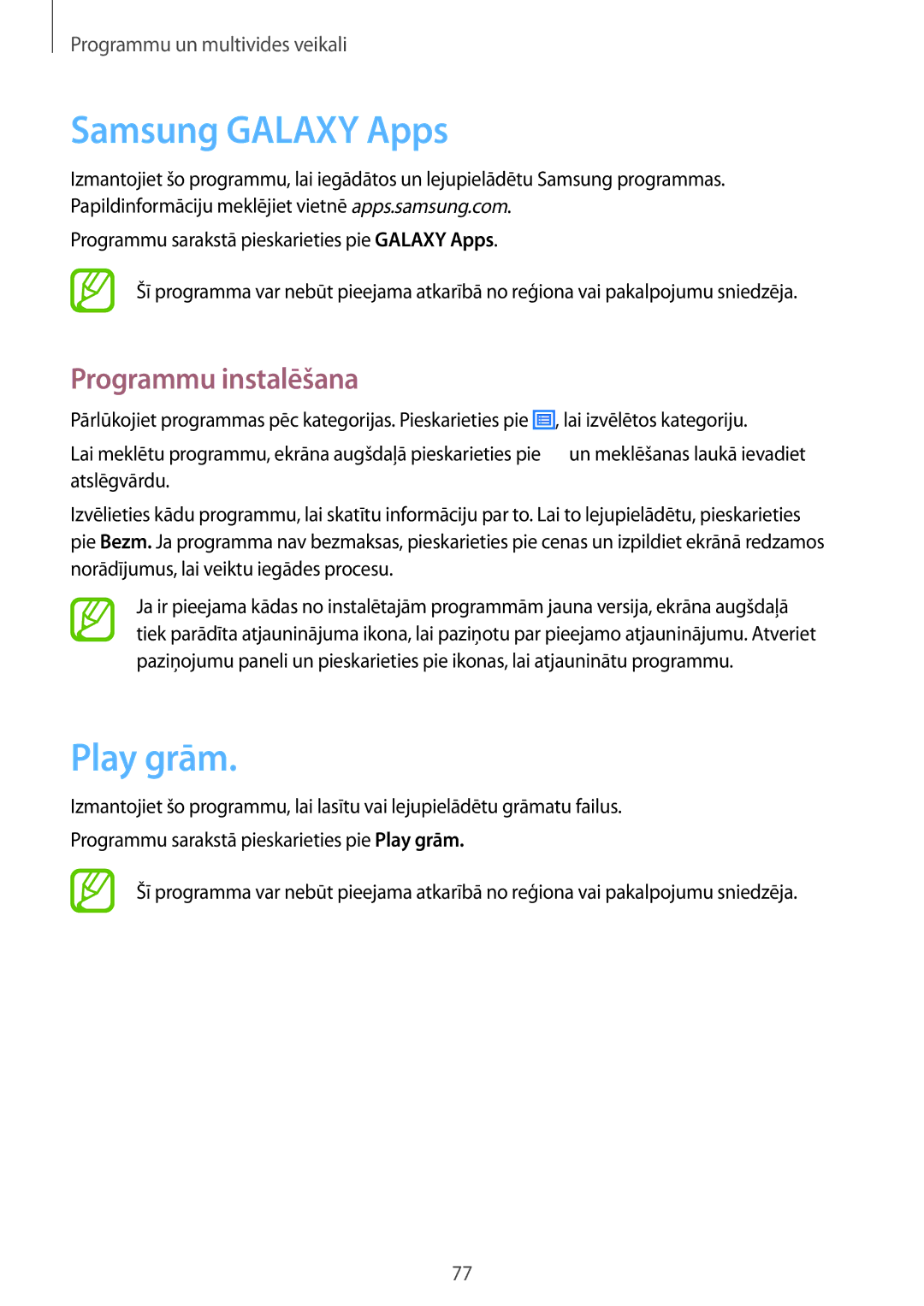 Samsung SM-T365NNGASEB manual Samsung Galaxy Apps, Play grām 