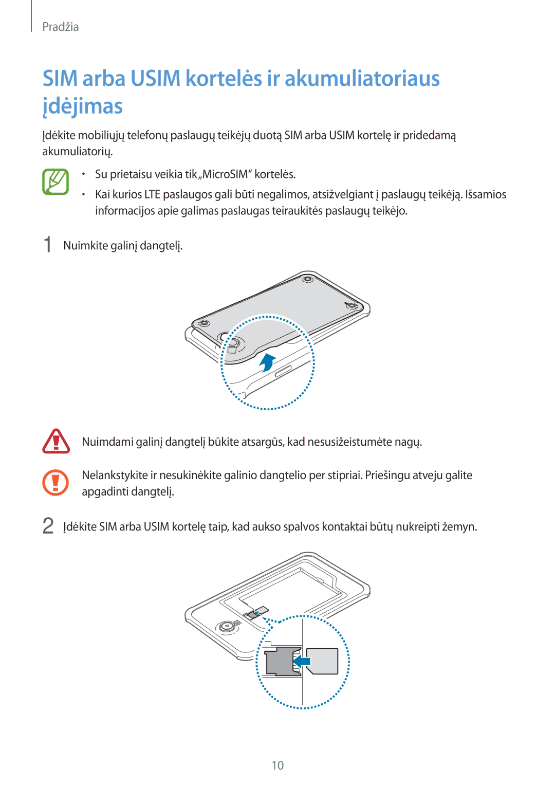 Samsung SM-T365NNGASEB manual SIM arba Usim kortelės ir akumuliatoriaus įdėjimas 