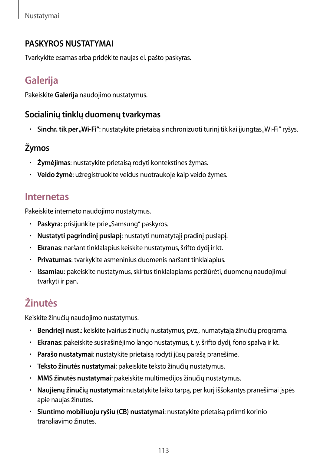 Samsung SM-T365NNGASEB manual Galerija, Internetas, Žinutės, Socialinių tinklų duomenų tvarkymas, Žymos 