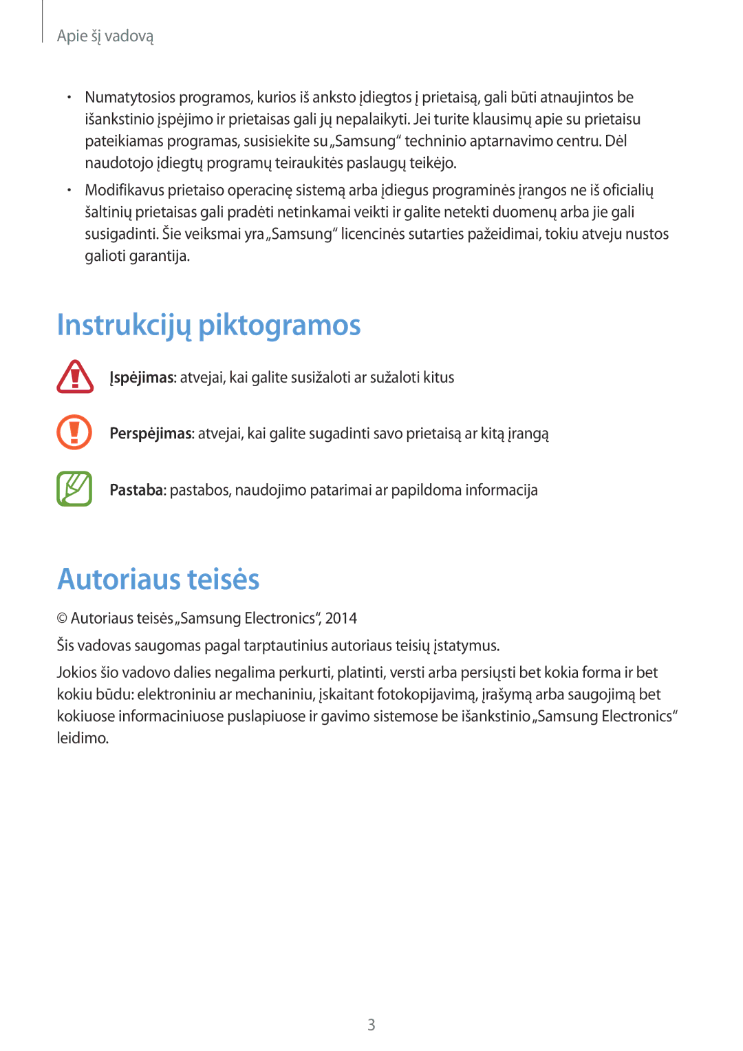 Samsung SM-T365NNGASEB manual Instrukcijų piktogramos, Autoriaus teisės 