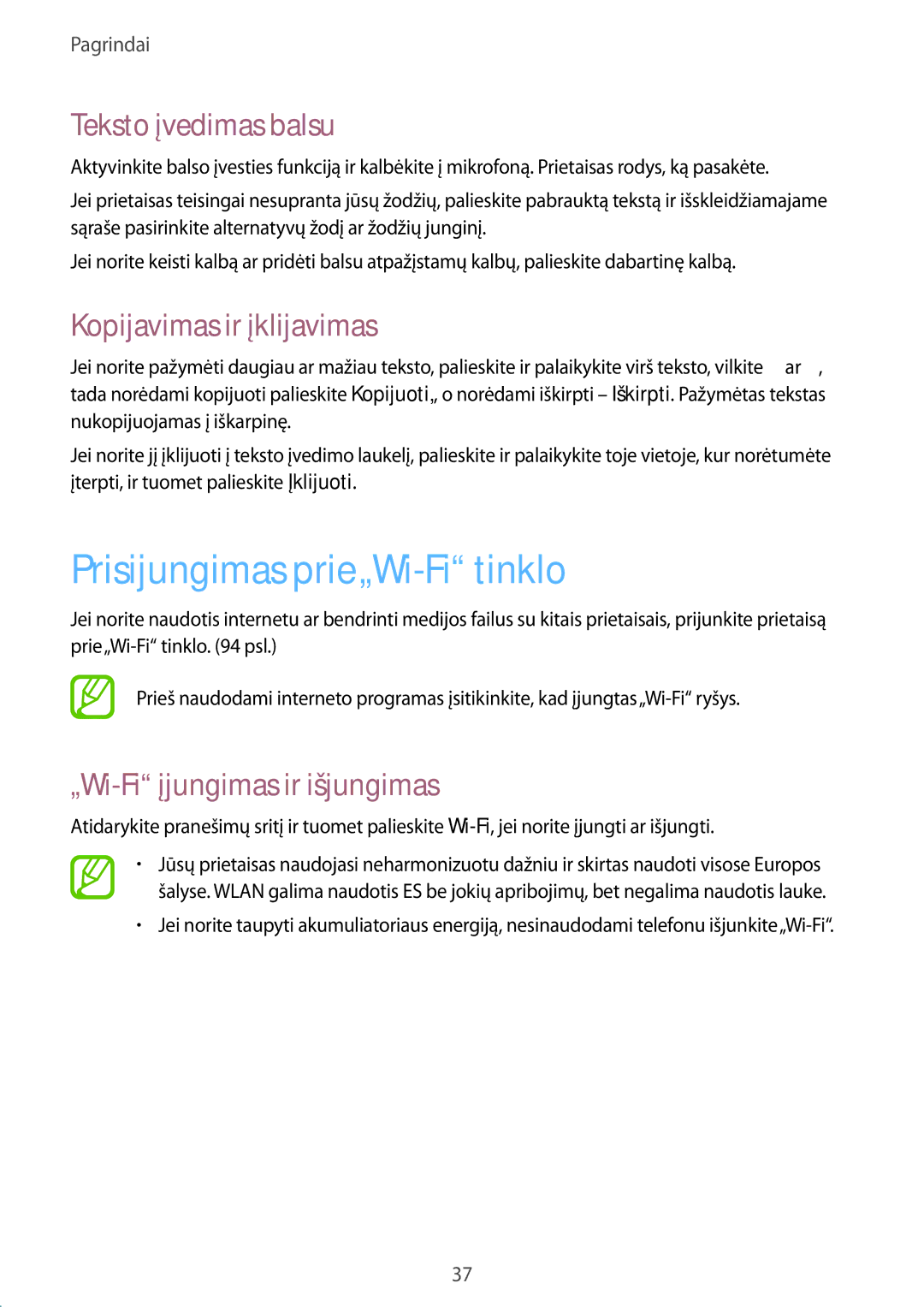 Samsung SM-T365NNGASEB manual Prisijungimas prie„Wi-Fi tinklo, Teksto įvedimas balsu, Kopijavimas ir įklijavimas 