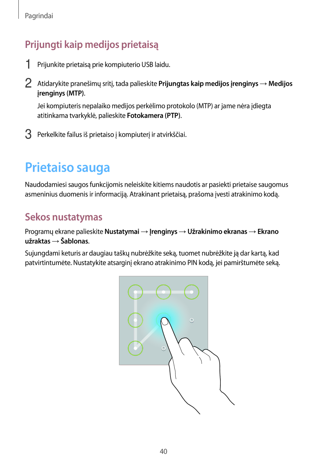 Samsung SM-T365NNGASEB manual Prietaiso sauga, Prijungti kaip medijos prietaisą, Sekos nustatymas 