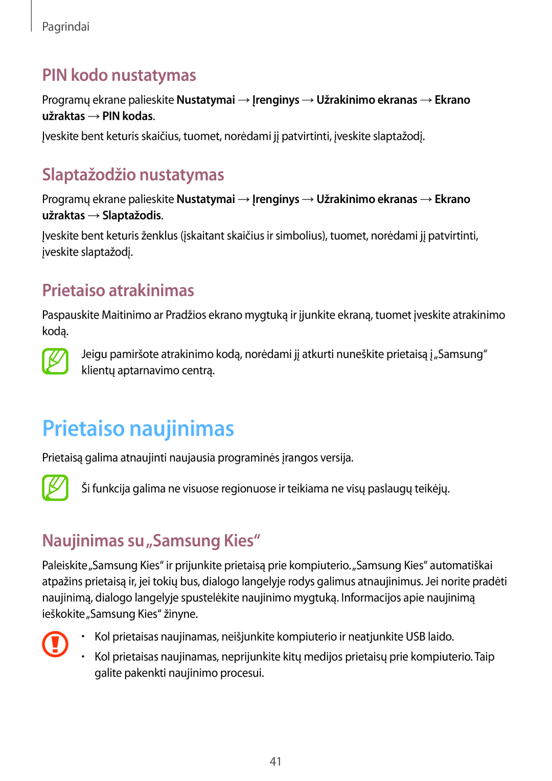 Samsung SM-T365NNGASEB manual Prietaiso naujinimas, PIN kodo nustatymas, Slaptažodžio nustatymas, Prietaiso atrakinimas 