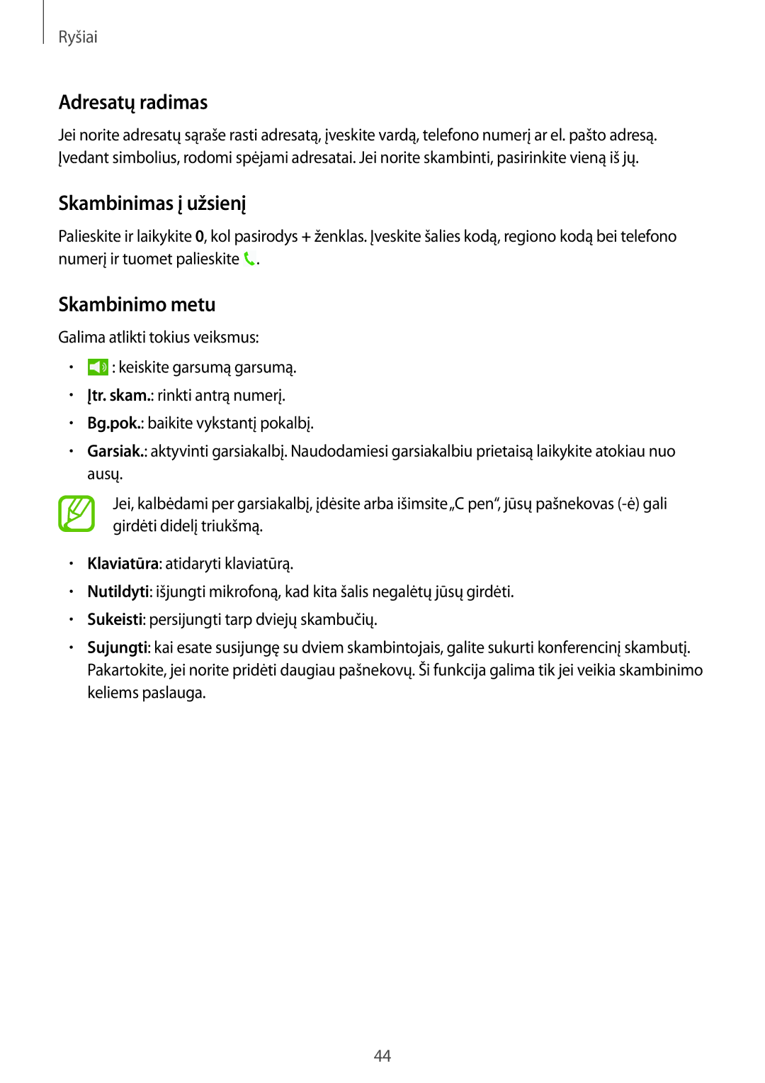 Samsung SM-T365NNGASEB manual Adresatų radimas, Skambinimas į užsienį, Skambinimo metu 