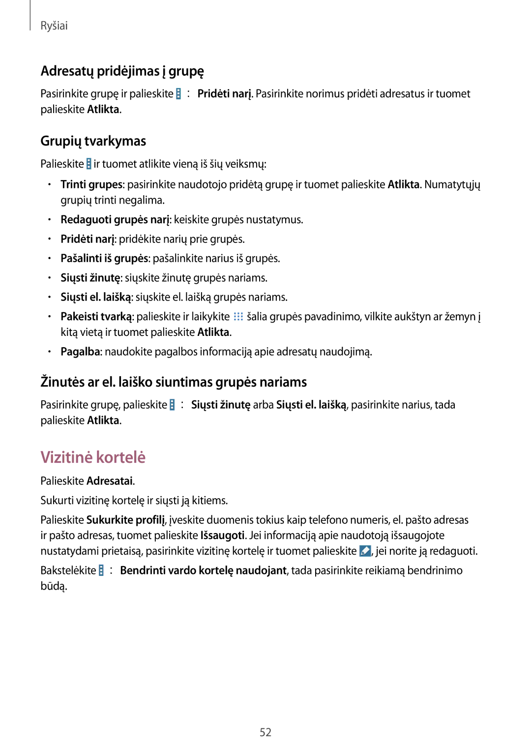 Samsung SM-T365NNGASEB manual Vizitinė kortelė, Adresatų pridėjimas į grupę, Grupių tvarkymas 