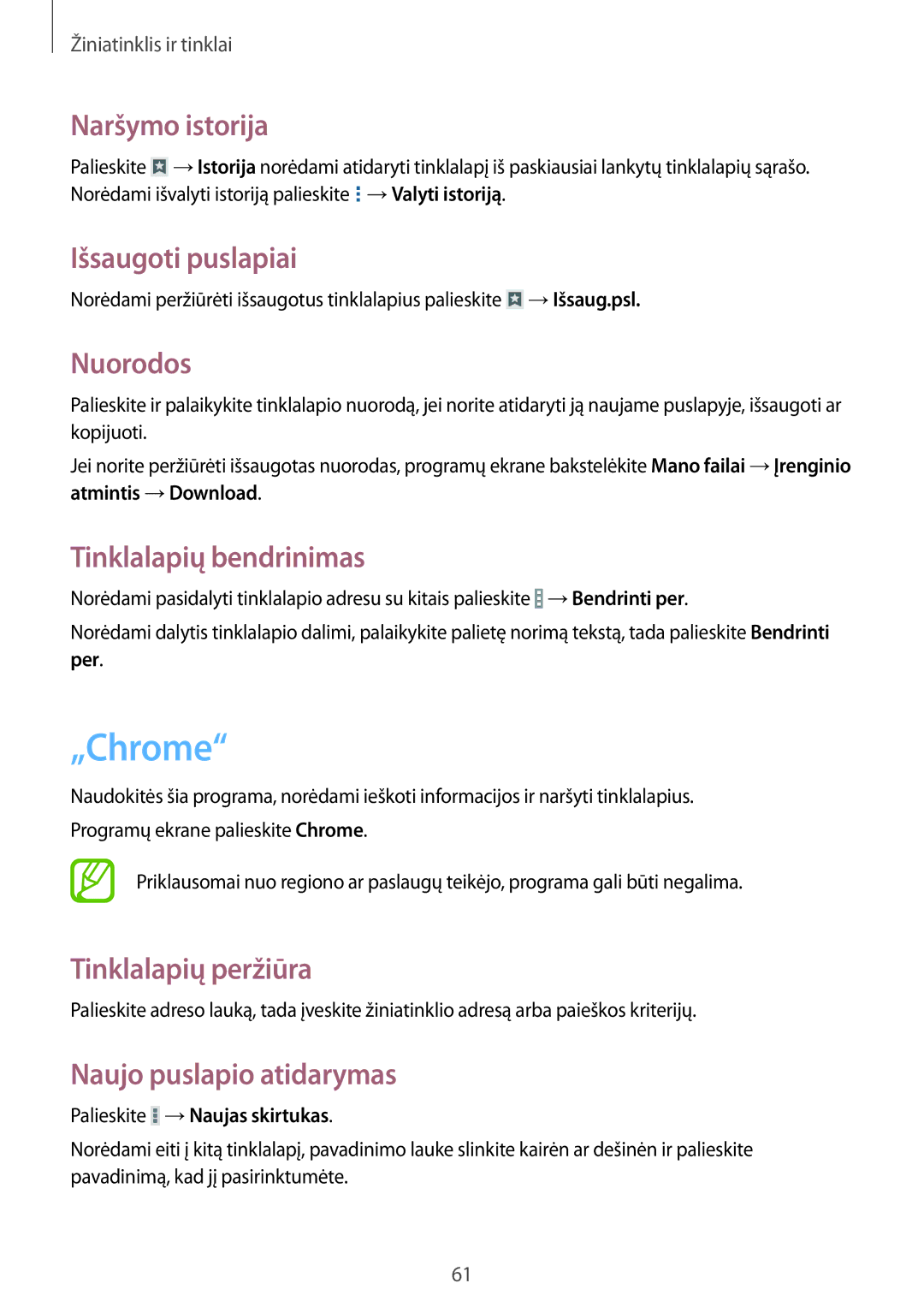 Samsung SM-T365NNGASEB manual „Chrome, Naršymo istorija, Išsaugoti puslapiai, Nuorodos, Tinklalapių bendrinimas 