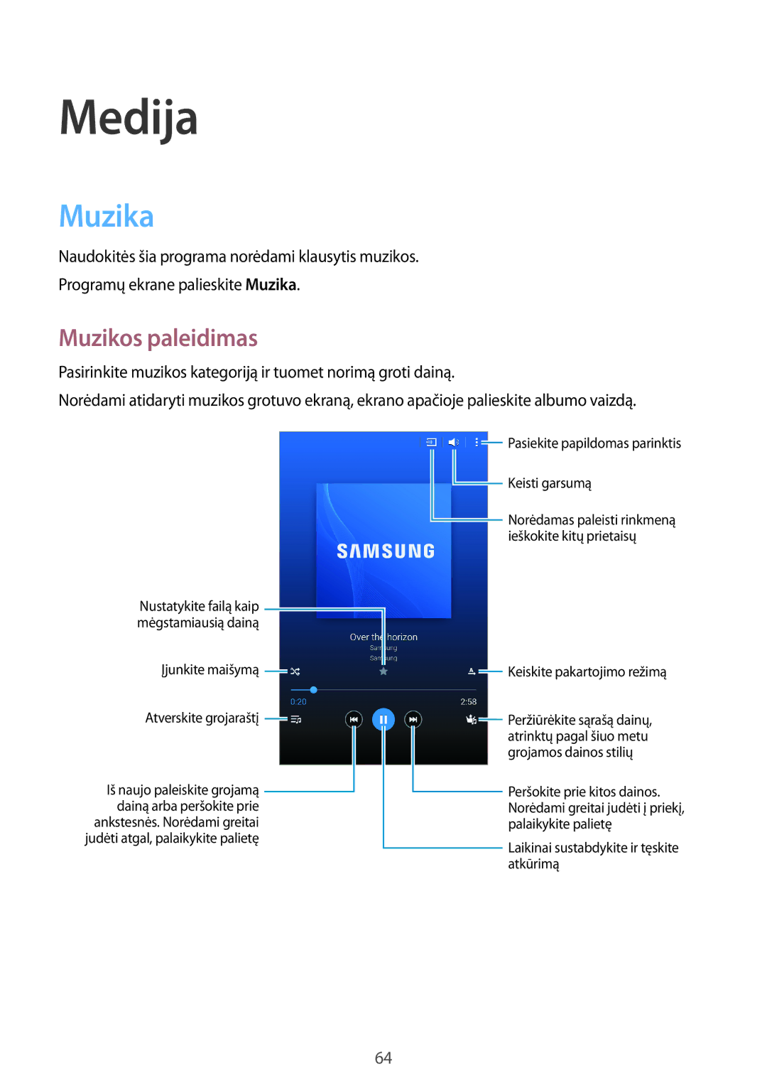 Samsung SM-T365NNGASEB manual Muzika, Muzikos paleidimas 