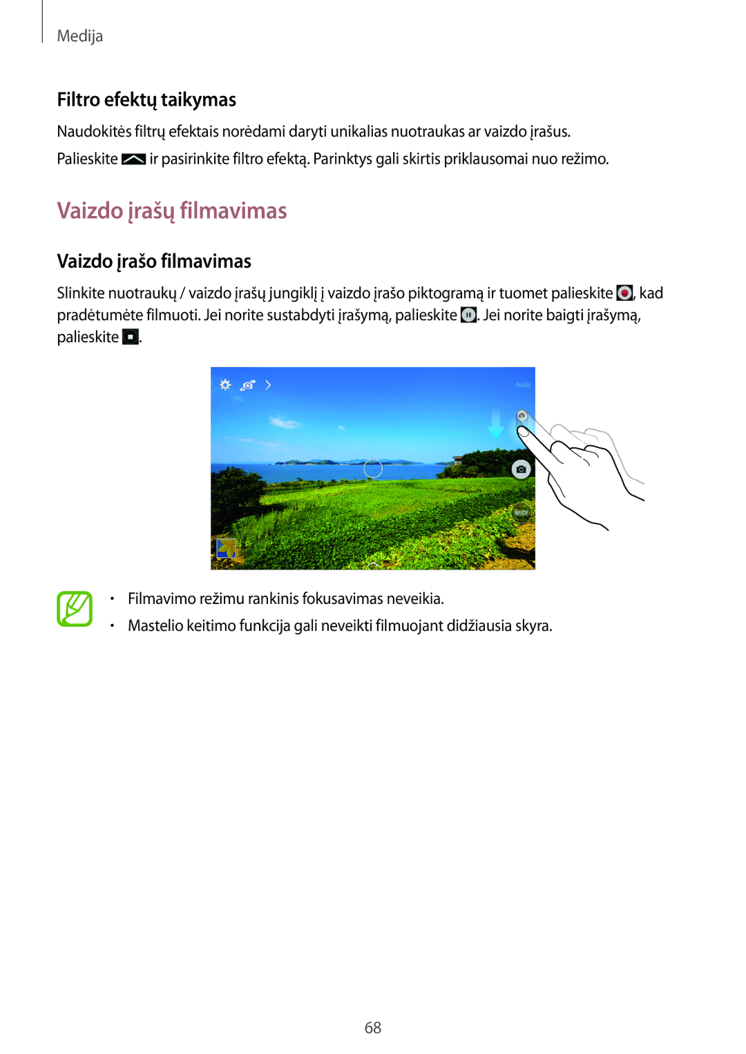 Samsung SM-T365NNGASEB manual Vaizdo įrašų filmavimas, Filtro efektų taikymas, Vaizdo įrašo filmavimas 