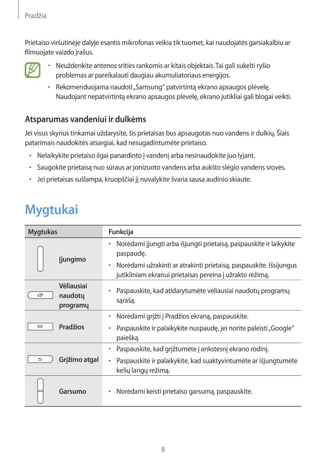 Samsung SM-T365NNGASEB manual Mygtukai, Atsparumas vandeniui ir dulkėms 