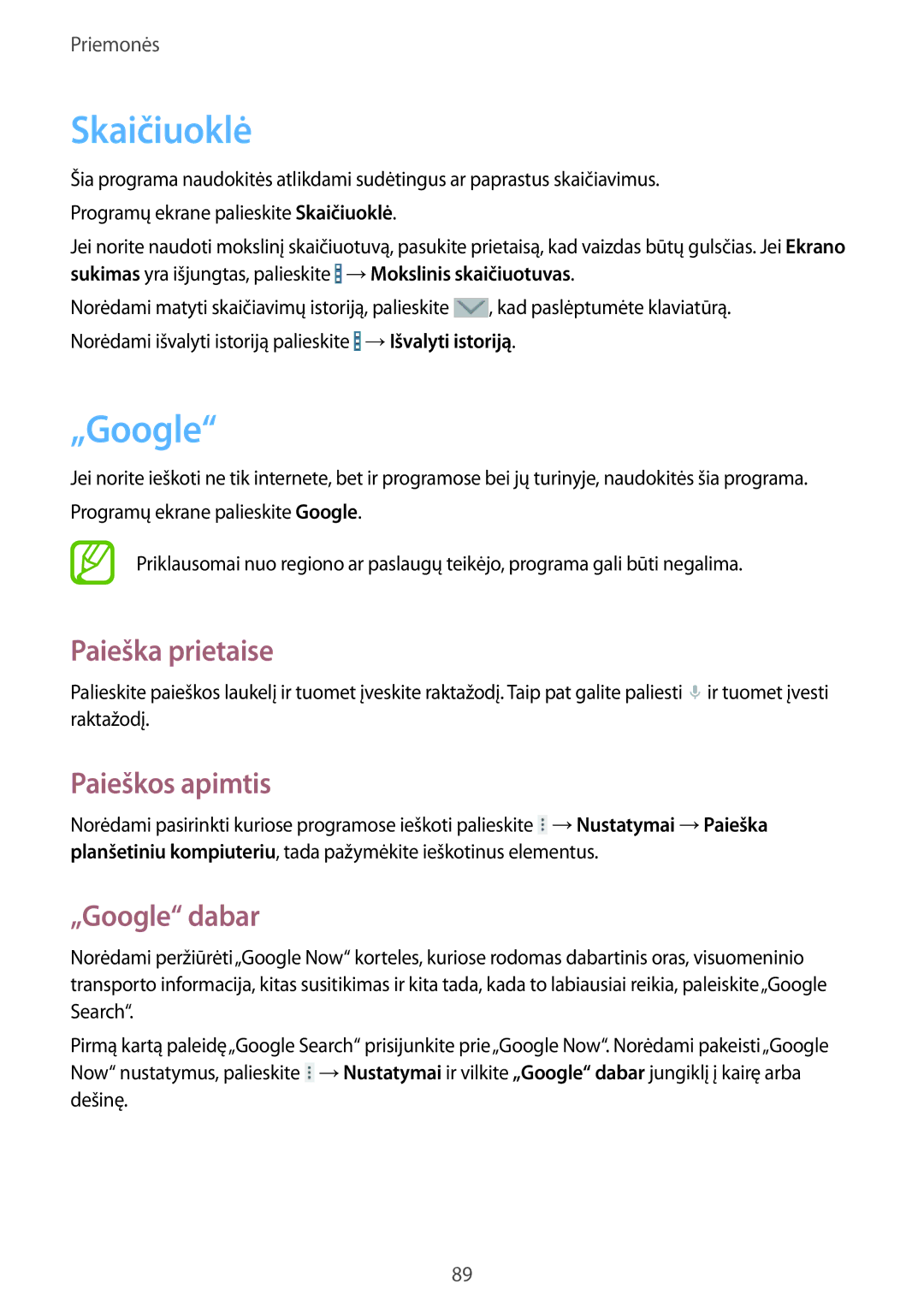 Samsung SM-T365NNGASEB manual Skaičiuoklė, Paieška prietaise, Paieškos apimtis, „Google dabar 