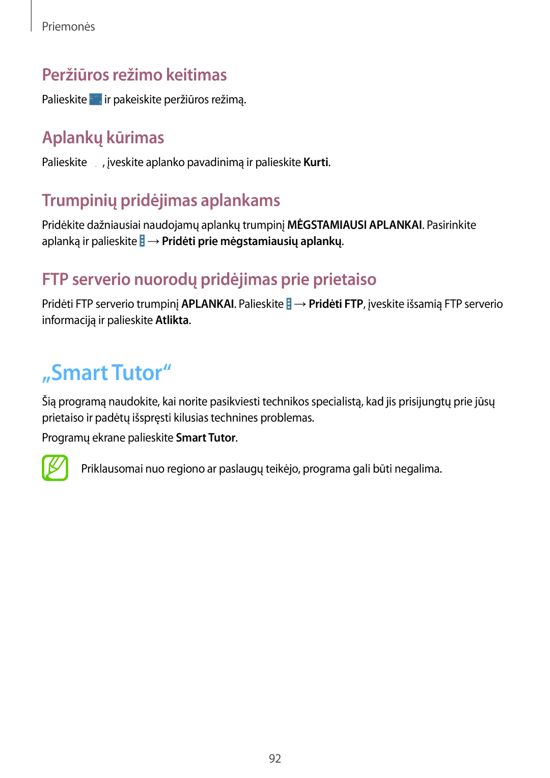 Samsung SM-T365NNGASEB manual „Smart Tutor, Peržiūros režimo keitimas, Aplankų kūrimas, Trumpinių pridėjimas aplankams 