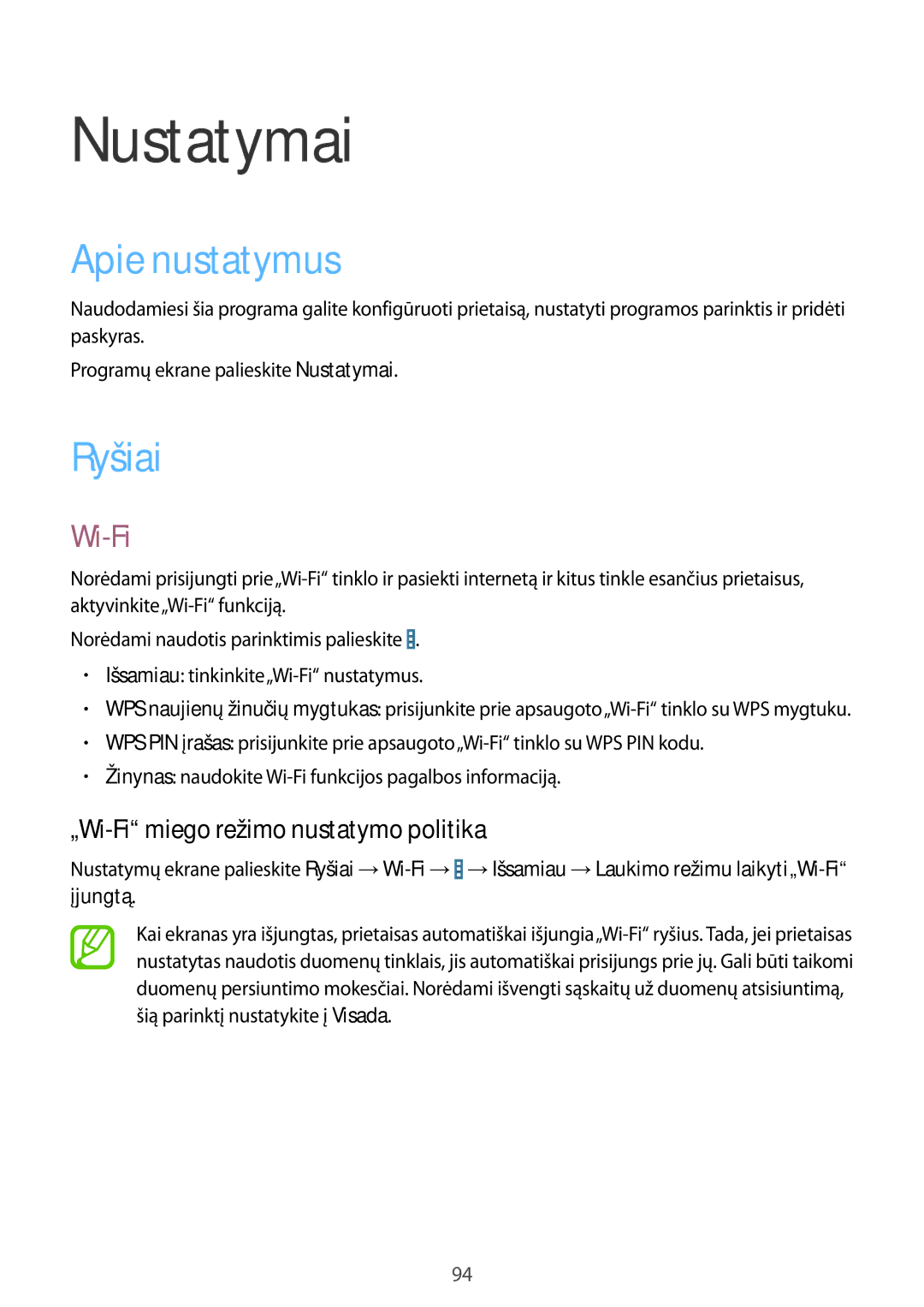 Samsung SM-T365NNGASEB manual Apie nustatymus, Ryšiai, „Wi-Fi miego režimo nustatymo politika 