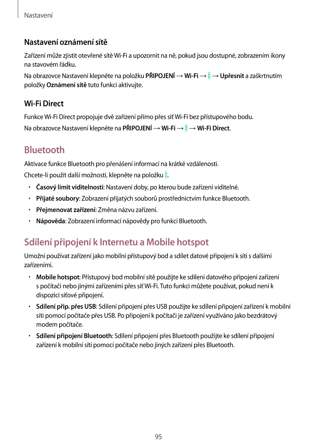 Samsung SM-T365NNGAXEZ Bluetooth, Sdílení připojení k Internetu a Mobile hotspot, Nastavení oznámení sítě, Wi-Fi Direct 