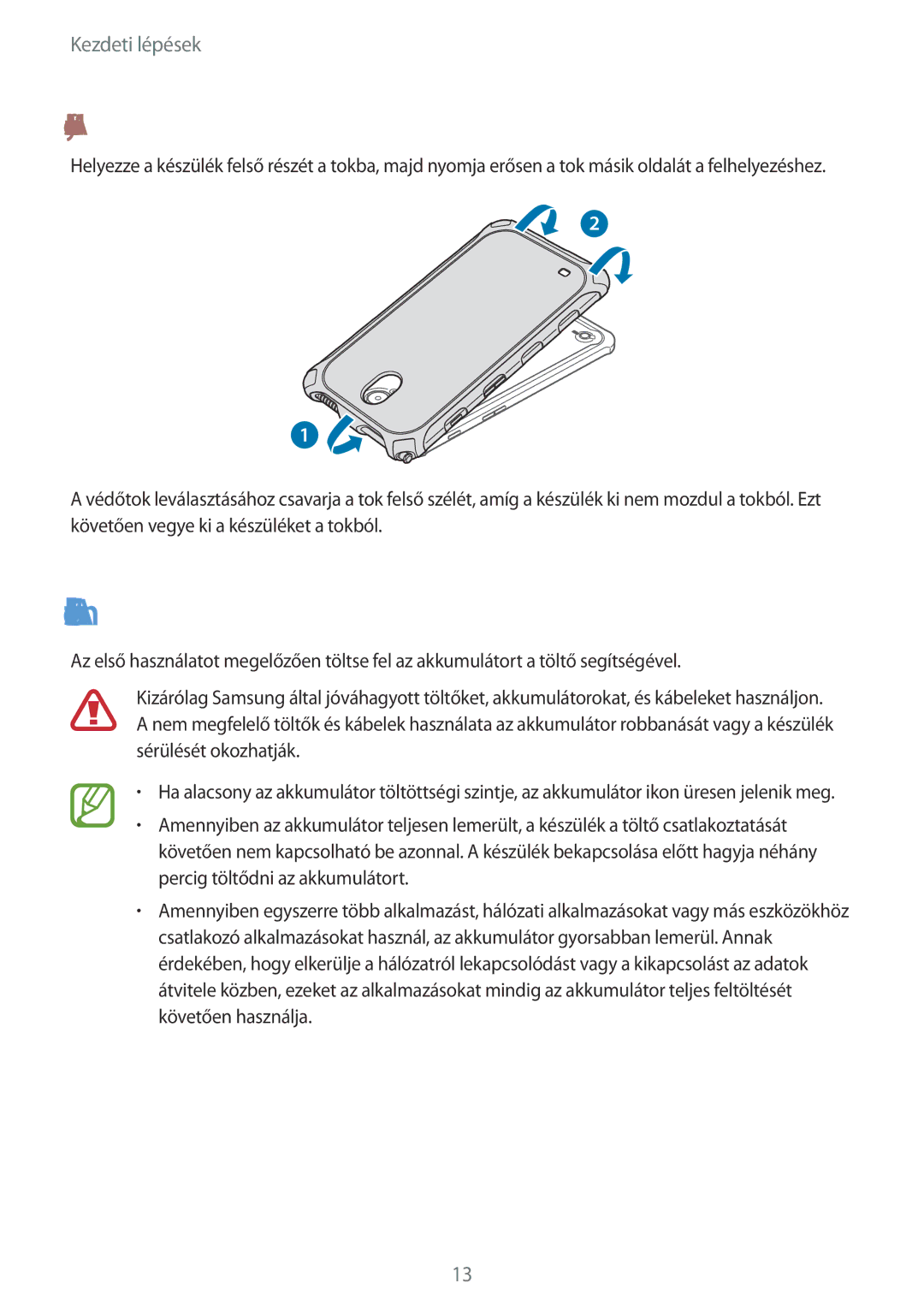 Samsung SM-T365NNGAXEH manual Az akkumulátor töltése, Védőtok felhelyezése 