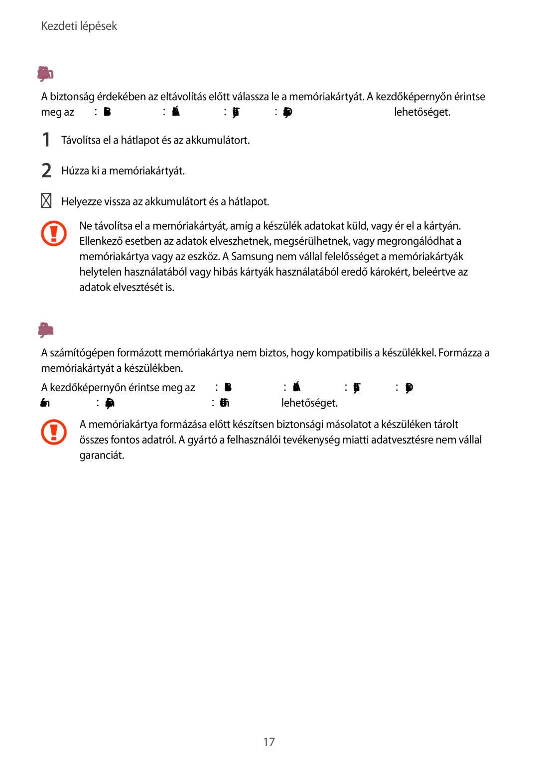 Samsung SM-T365NNGAXEH manual Memóriakártya eltávolítása, Memóriakártya formázása 