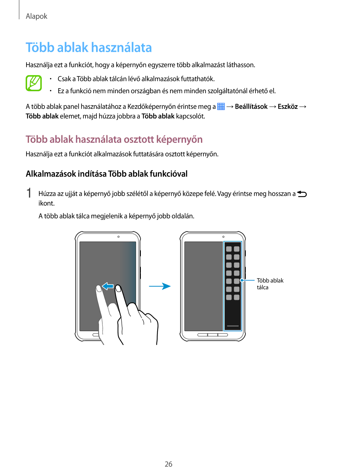 Samsung SM-T365NNGAXEH manual Több ablak használata osztott képernyőn, Alkalmazások indítása Több ablak funkcióval 