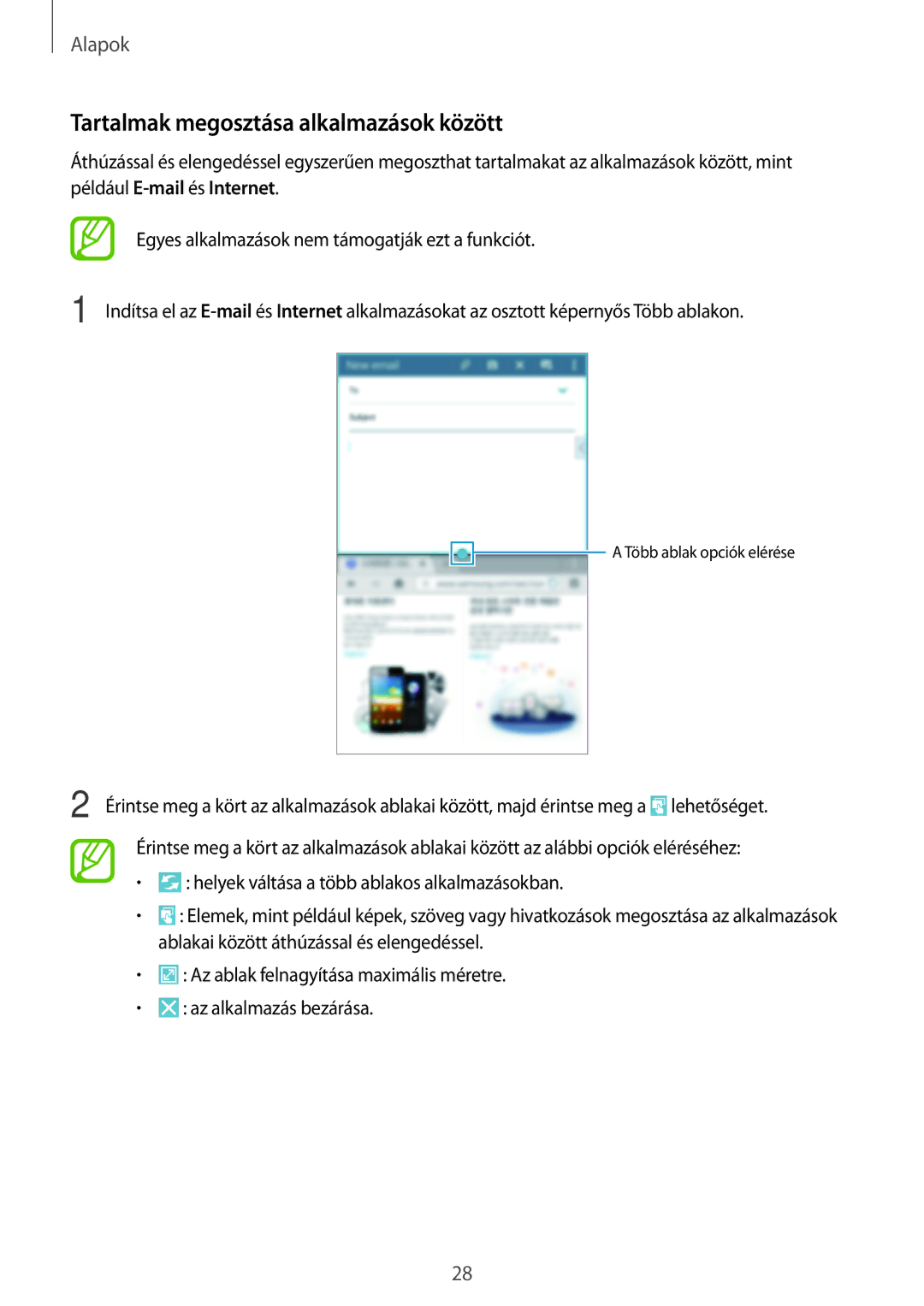 Samsung SM-T365NNGAXEH manual Tartalmak megosztása alkalmazások között 