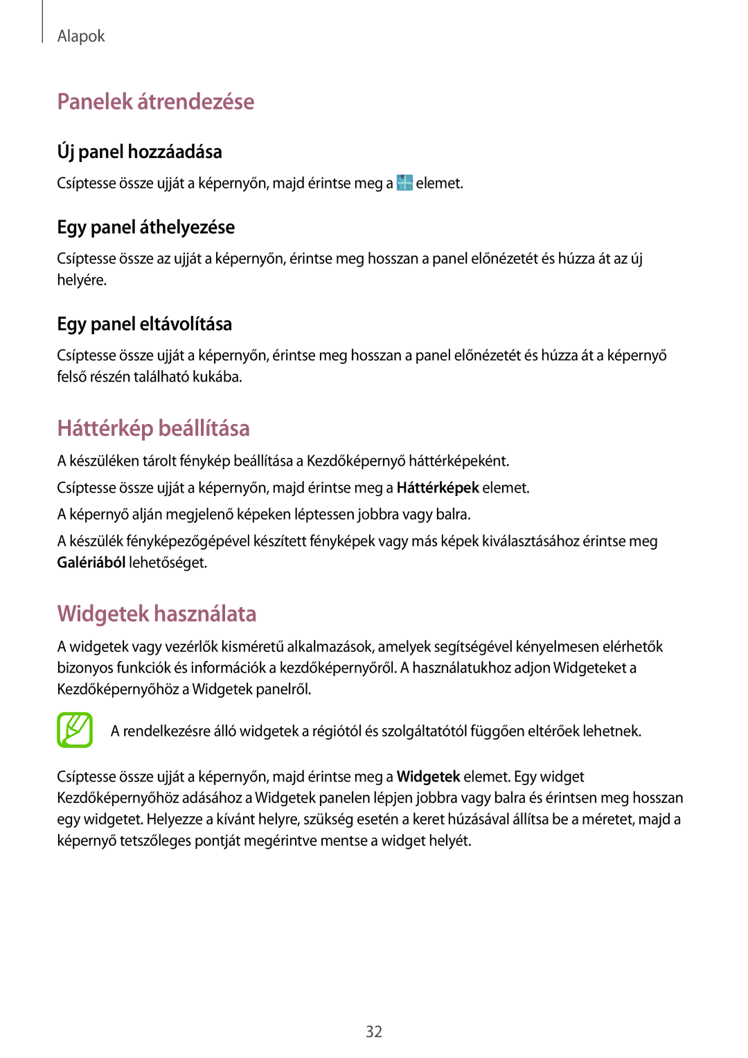 Samsung SM-T365NNGAXEH manual Panelek átrendezése, Háttérkép beállítása, Widgetek használata 