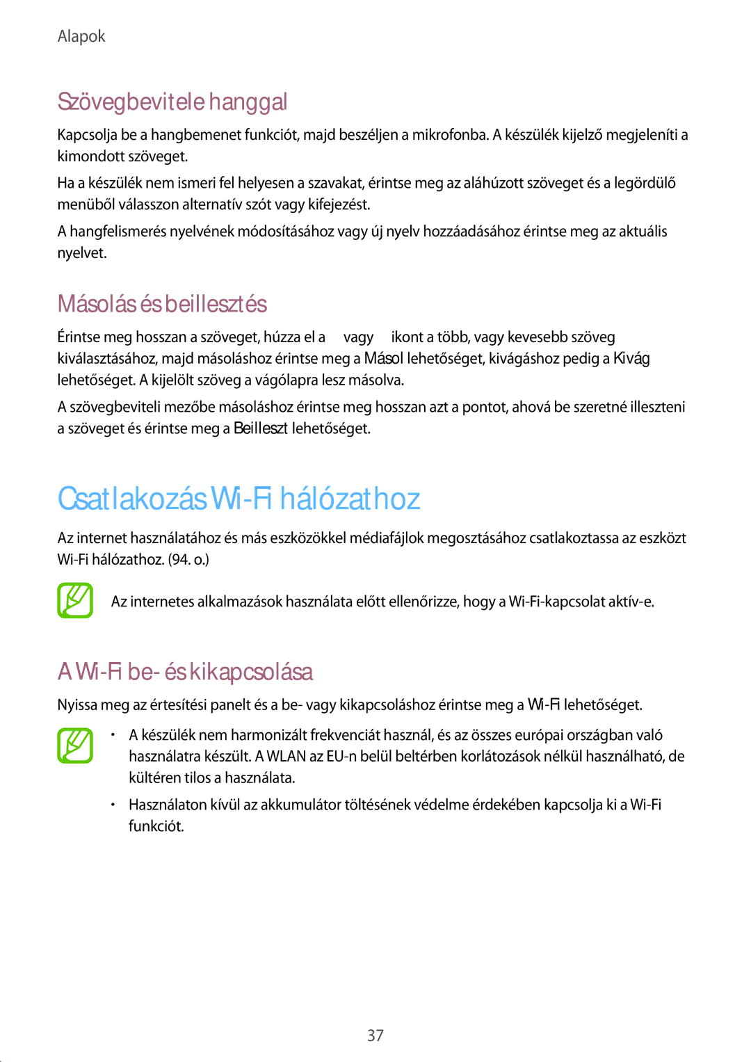 Samsung SM-T365NNGAXEH manual Csatlakozás Wi-Fi hálózathoz, Szövegbevitele hanggal, Másolás és beillesztés 