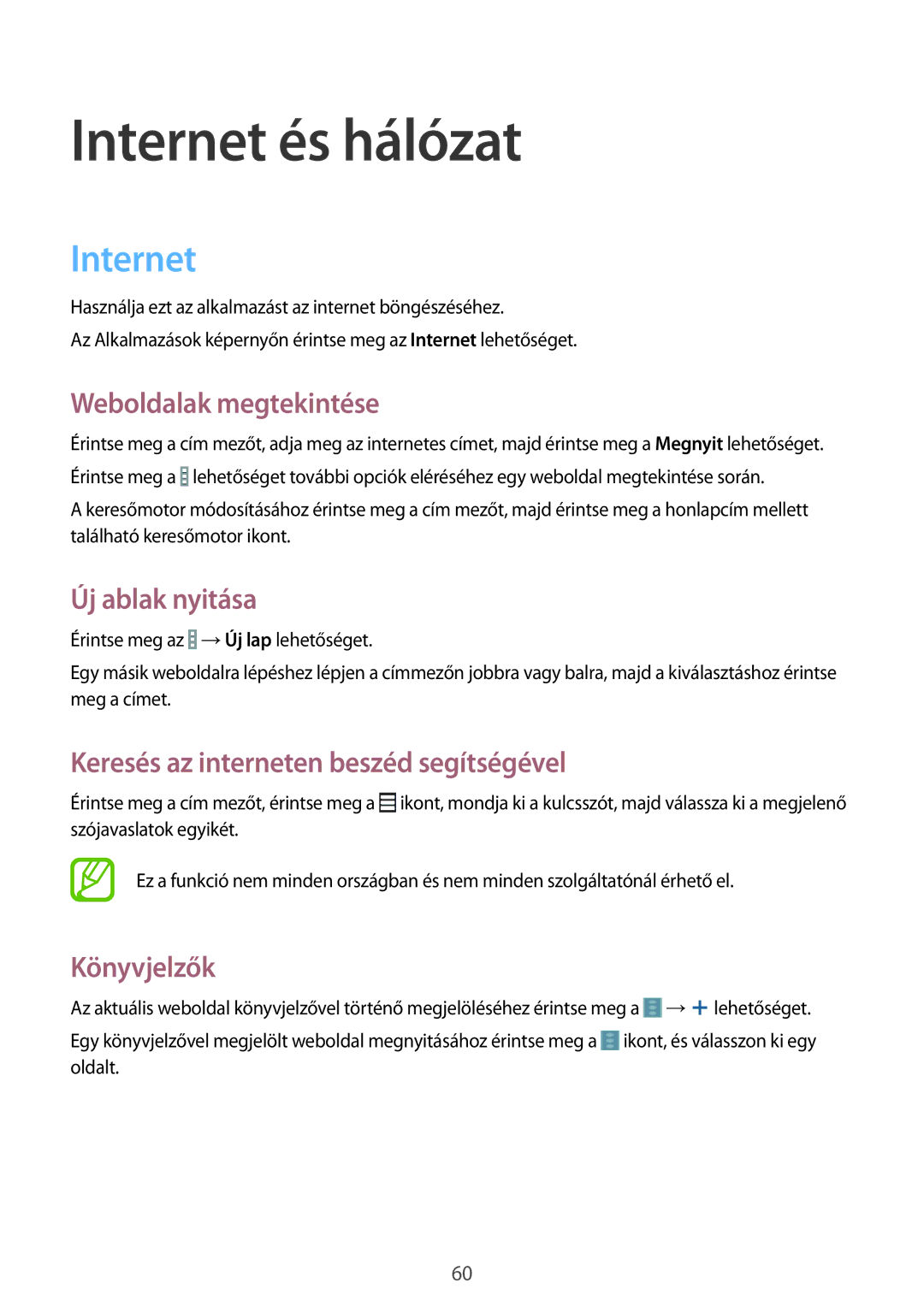 Samsung SM-T365NNGAXEH manual Internet és hálózat 