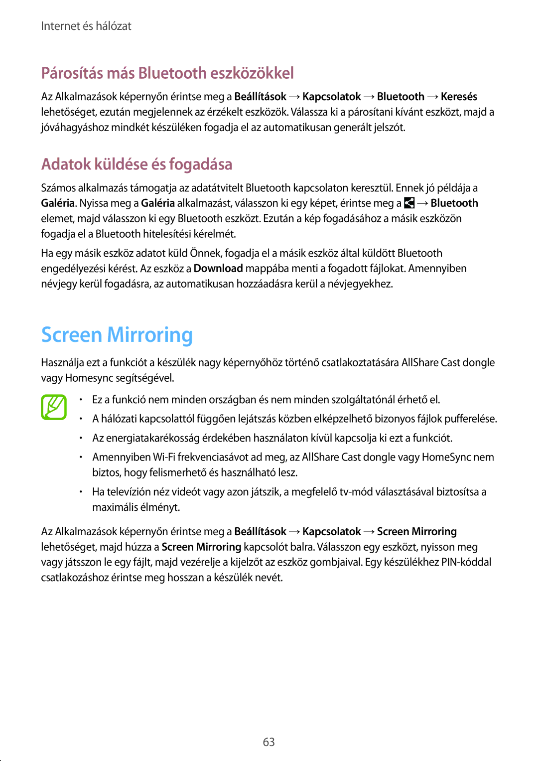 Samsung SM-T365NNGAXEH manual Screen Mirroring, Párosítás más Bluetooth eszközökkel, Adatok küldése és fogadása 