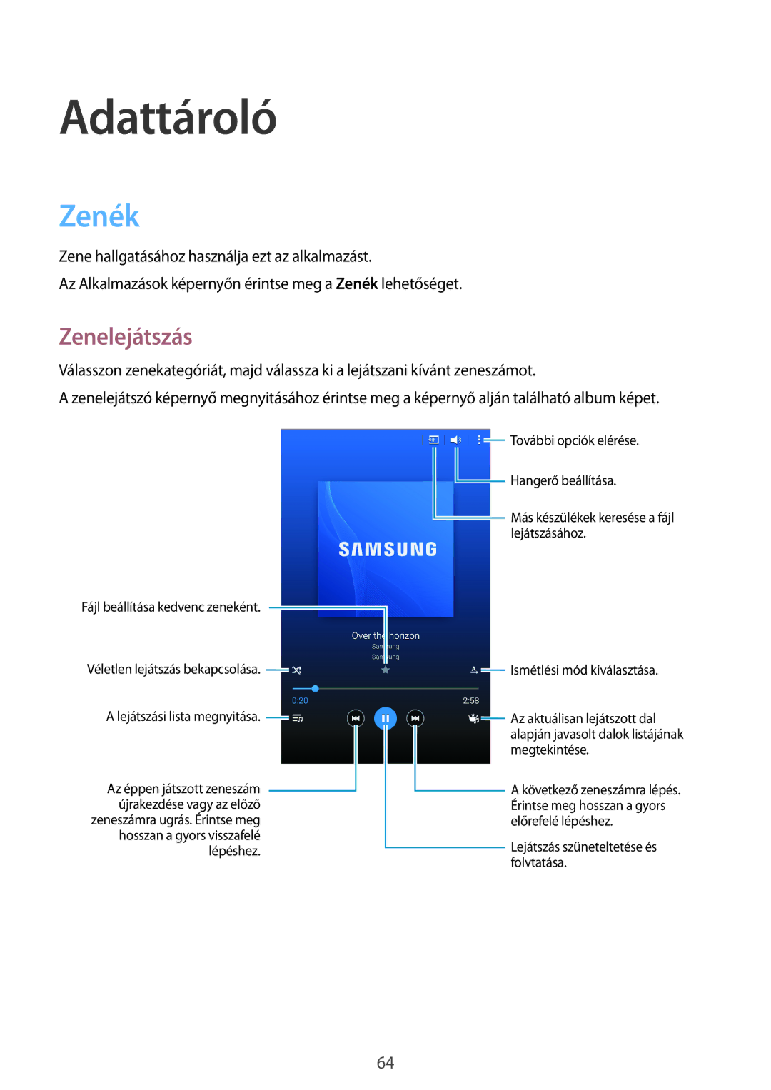 Samsung SM-T365NNGAXEH manual Adattároló, Zenék, Zenelejátszás 