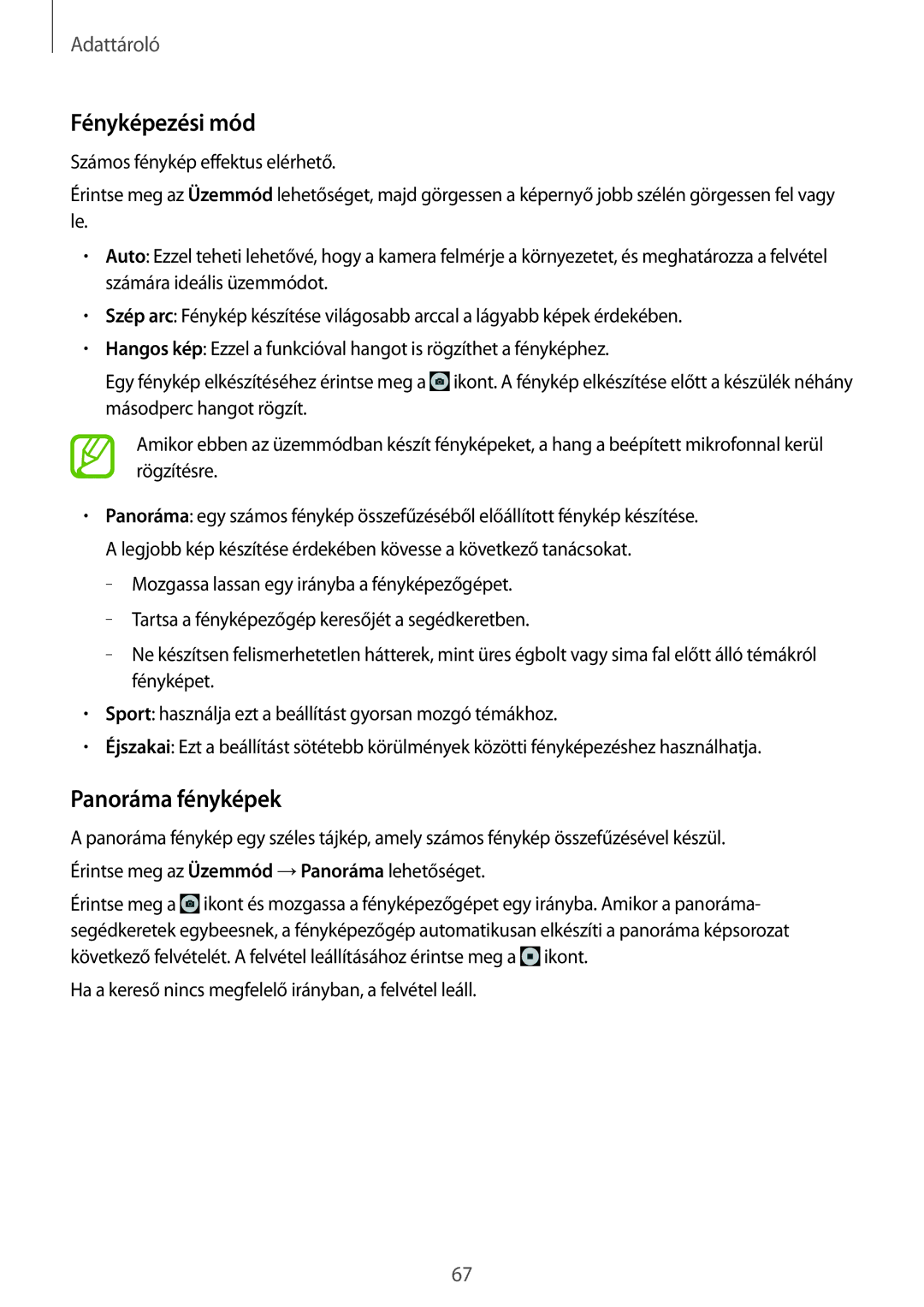 Samsung SM-T365NNGAXEH manual Fényképezési mód, Panoráma fényképek 