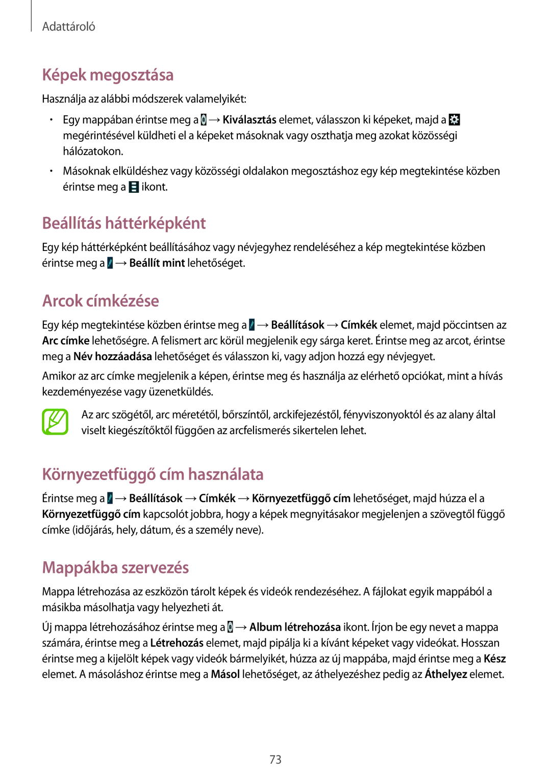 Samsung SM-T365NNGAXEH manual Képek megosztása, Beállítás háttérképként, Arcok címkézése, Környezetfüggő cím használata 