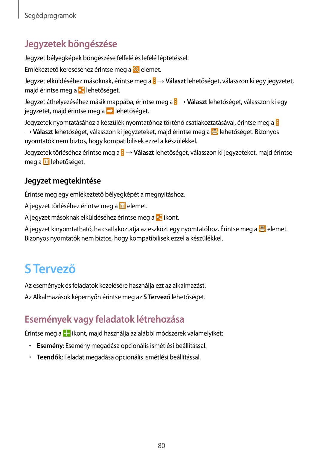 Samsung SM-T365NNGAXEH manual Tervező, Jegyzetek böngészése, Események vagy feladatok létrehozása, Jegyzet megtekintése 