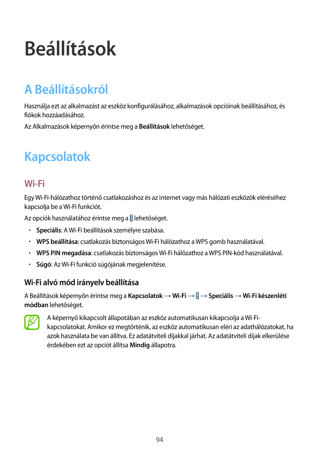 Samsung SM-T365NNGAXEH manual Beállításokról, Kapcsolatok, Wi-Fi alvó mód irányelv beállítása 