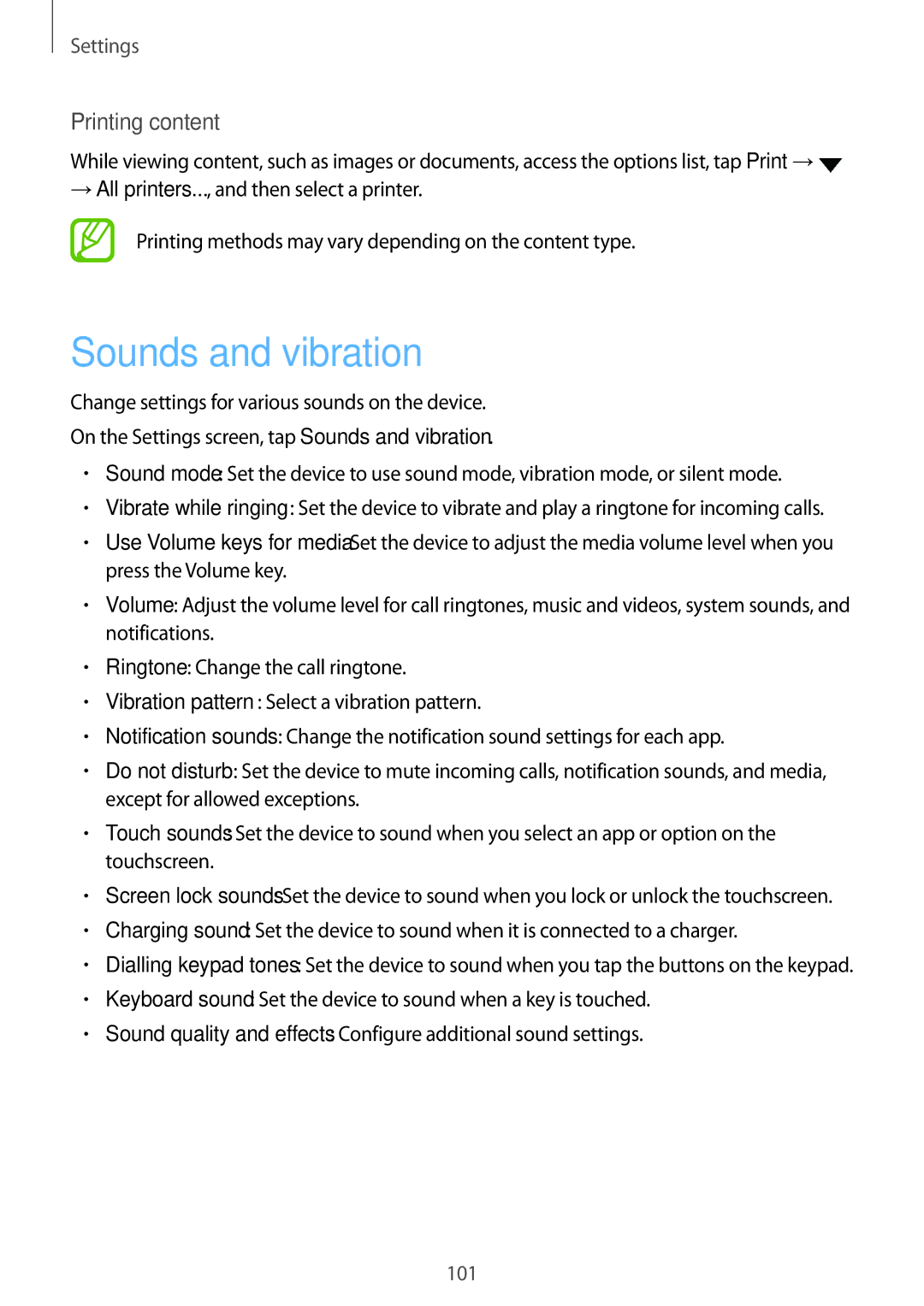 Samsung SM-T385NZDAXXV, SM-T385NZKAXXV manual Sounds and vibration, Printing content 