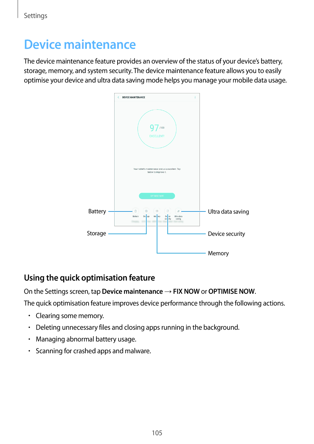 Samsung SM-T385NZDAXXV, SM-T385NZKAXXV manual Device maintenance, Using the quick optimisation feature 