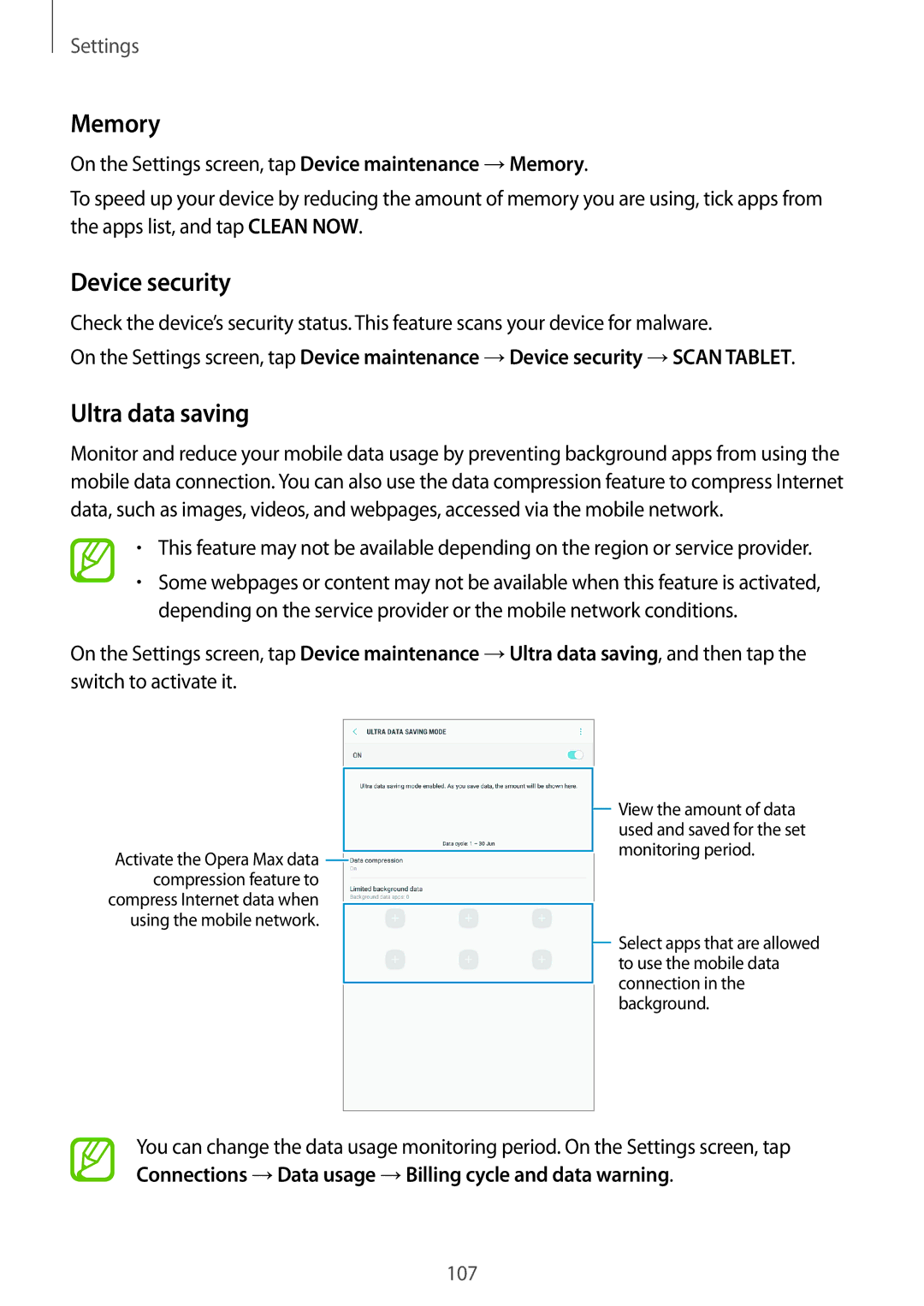 Samsung SM-T385NZDAXXV, SM-T385NZKAXXV manual Memory, Device security, Ultra data saving 