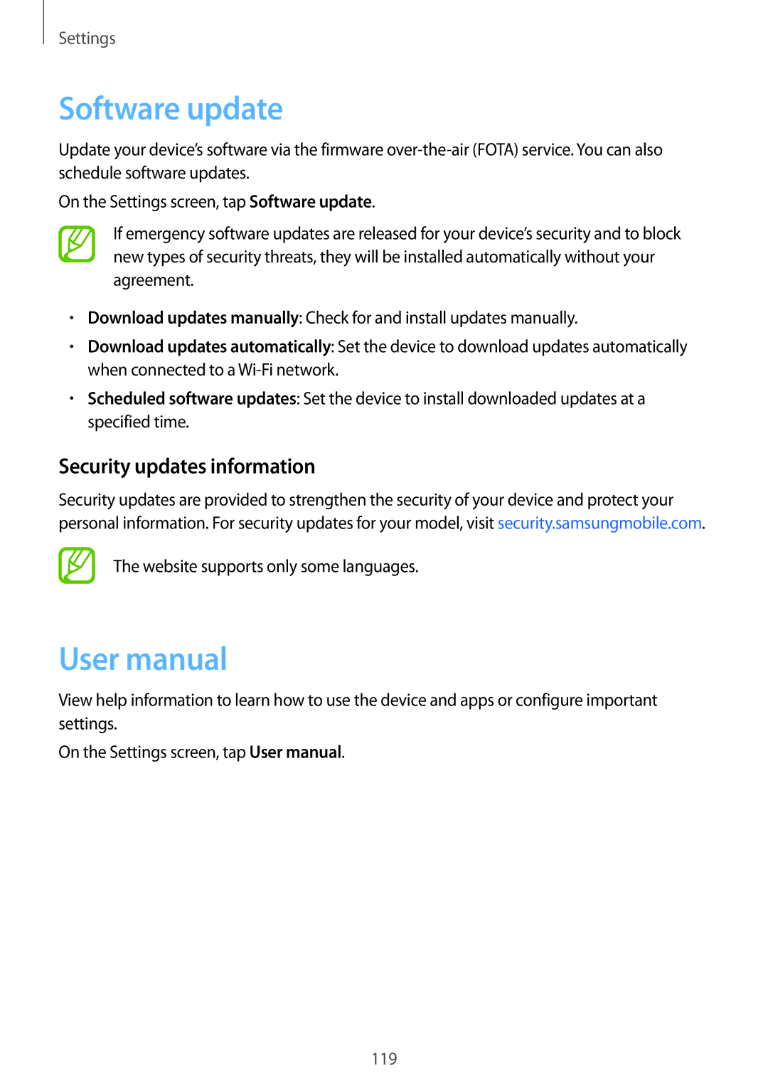 Samsung SM-T385NZDAXXV, SM-T385NZKAXXV manual Software update, Security updates information 