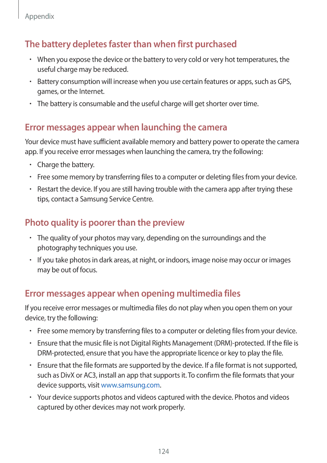 Samsung SM-T385NZKAXXV, SM-T385NZDAXXV manual Battery depletes faster than when first purchased 