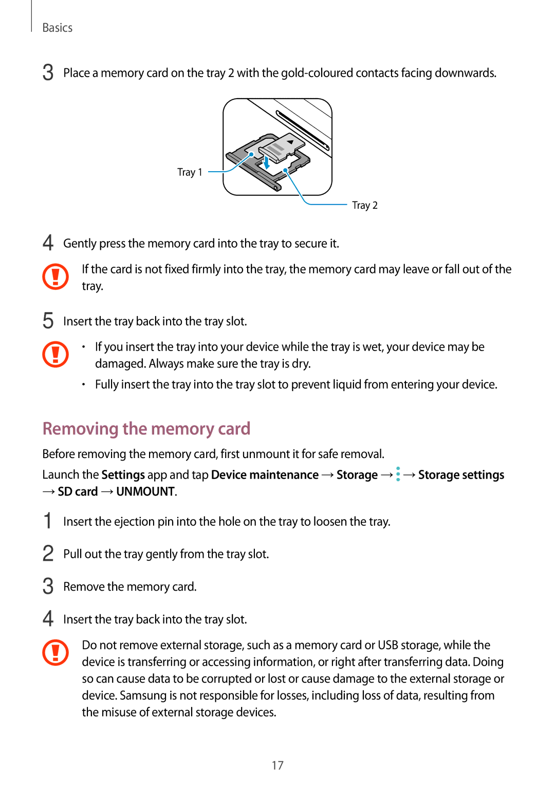 Samsung SM-T385NZDAXXV, SM-T385NZKAXXV manual Removing the memory card, → SD card →UNMOUNT 