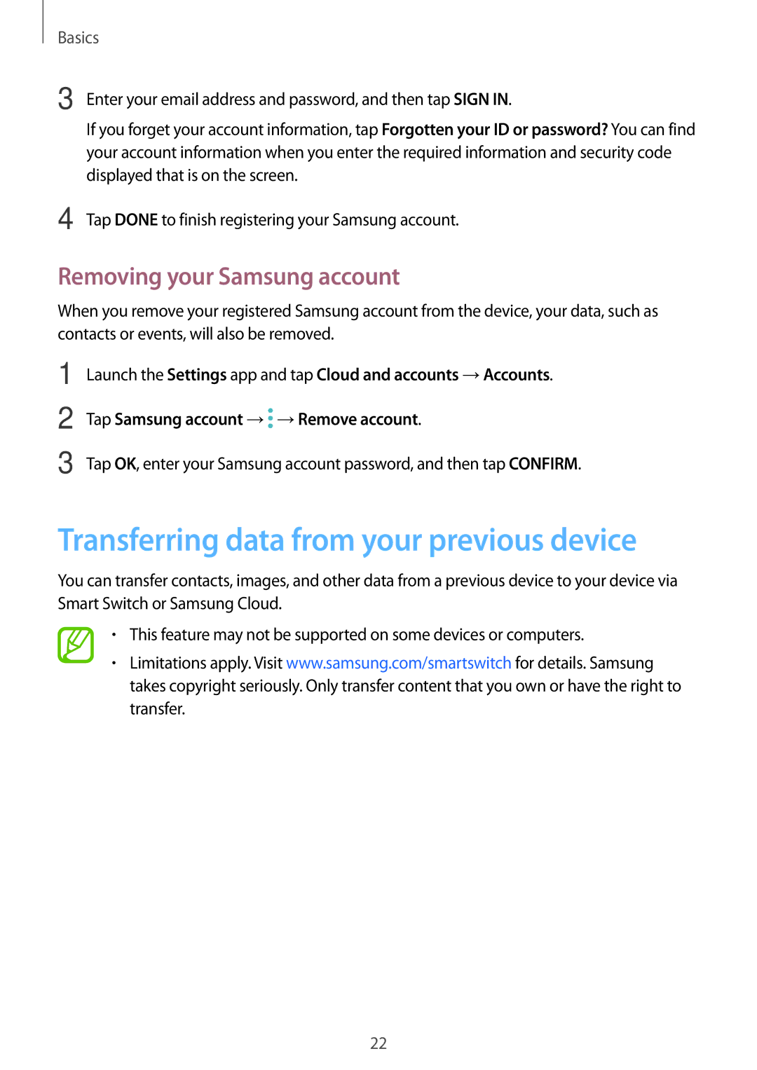 Samsung SM-T385NZKAXXV, SM-T385NZDAXXV manual Transferring data from your previous device, Removing your Samsung account 