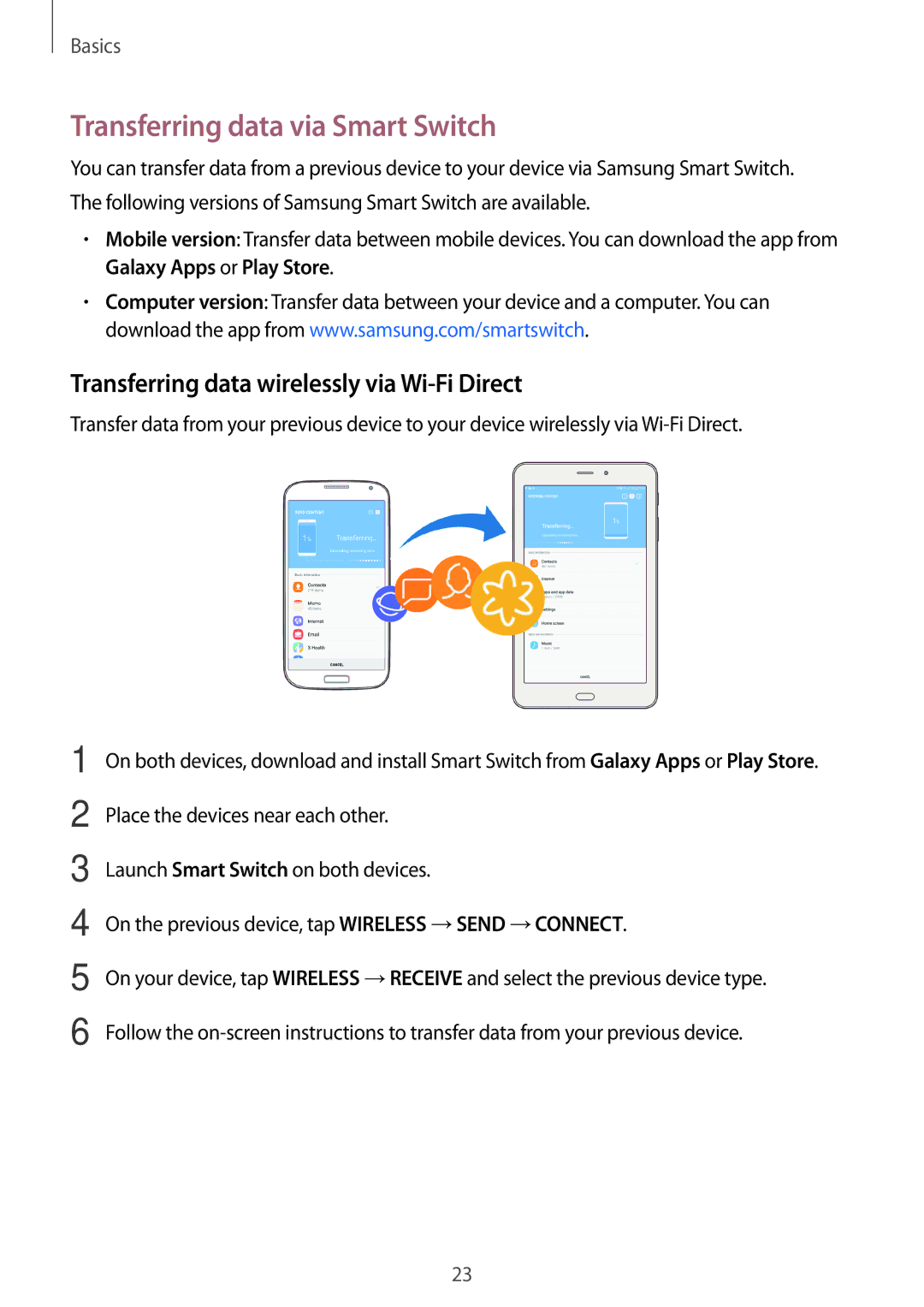 Samsung SM-T385NZDAXXV, SM-T385NZKAXXV Transferring data via Smart Switch, Transferring data wirelessly via Wi-Fi Direct 