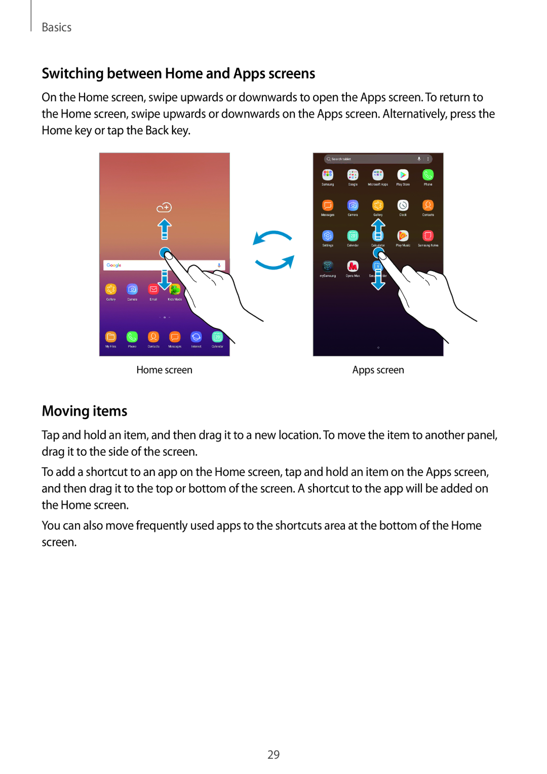 Samsung SM-T385NZDAXXV, SM-T385NZKAXXV manual Switching between Home and Apps screens, Moving items 