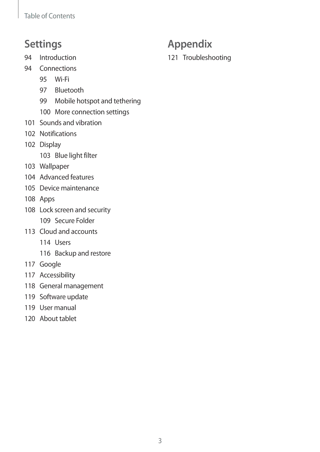 Samsung SM-T385NZDAXXV, SM-T385NZKAXXV manual Settings Appendix 