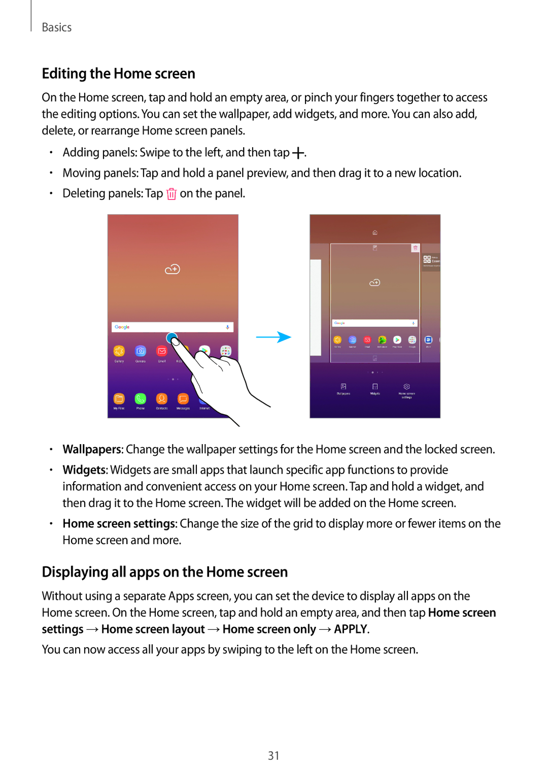 Samsung SM-T385NZDAXXV, SM-T385NZKAXXV manual Editing the Home screen, Displaying all apps on the Home screen 